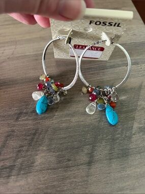✳️Fossil Silver Hoops with Turquoise Teardrops and Multicolor Gem Charms✳️